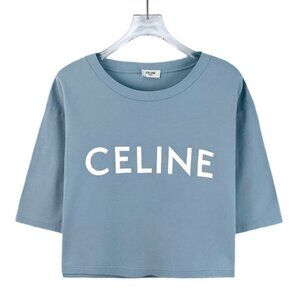 Celine Light Blue Letter Printed Cotton Round-Neck Short-Sleeved T-Shirt M